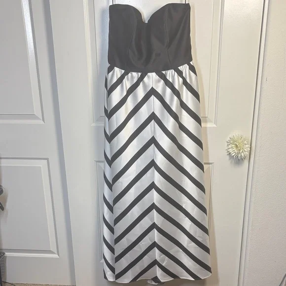 ALFRED SUNG Strapless Sweetheart D724P Black White Chevron Stripe Maxi Dress 16 - Picture 2 of 9